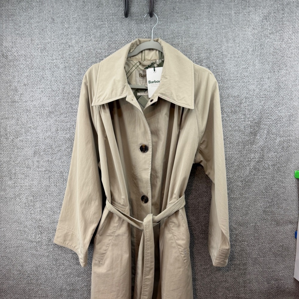 Barbour Garbo Showerproof Trench Coat Womens Size 8 Beige New Long Belted Jacket
